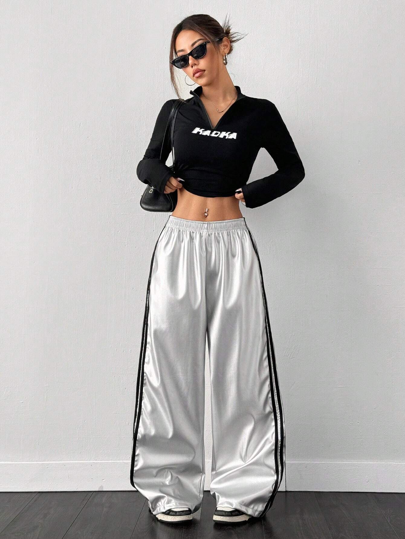 Contrast Color Striped Tape Pu Sports Pants