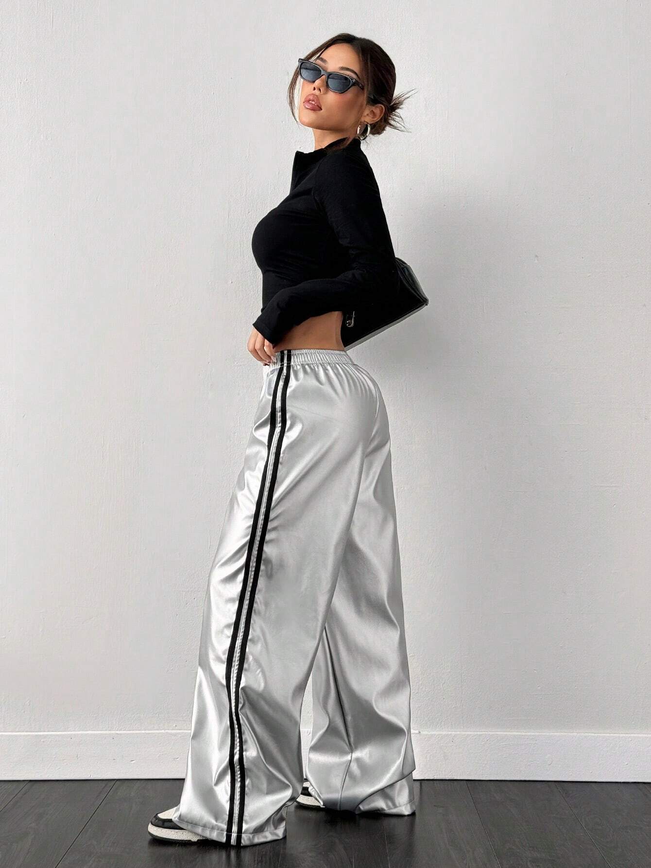 Contrast Color Striped Tape Pu Sports Pants