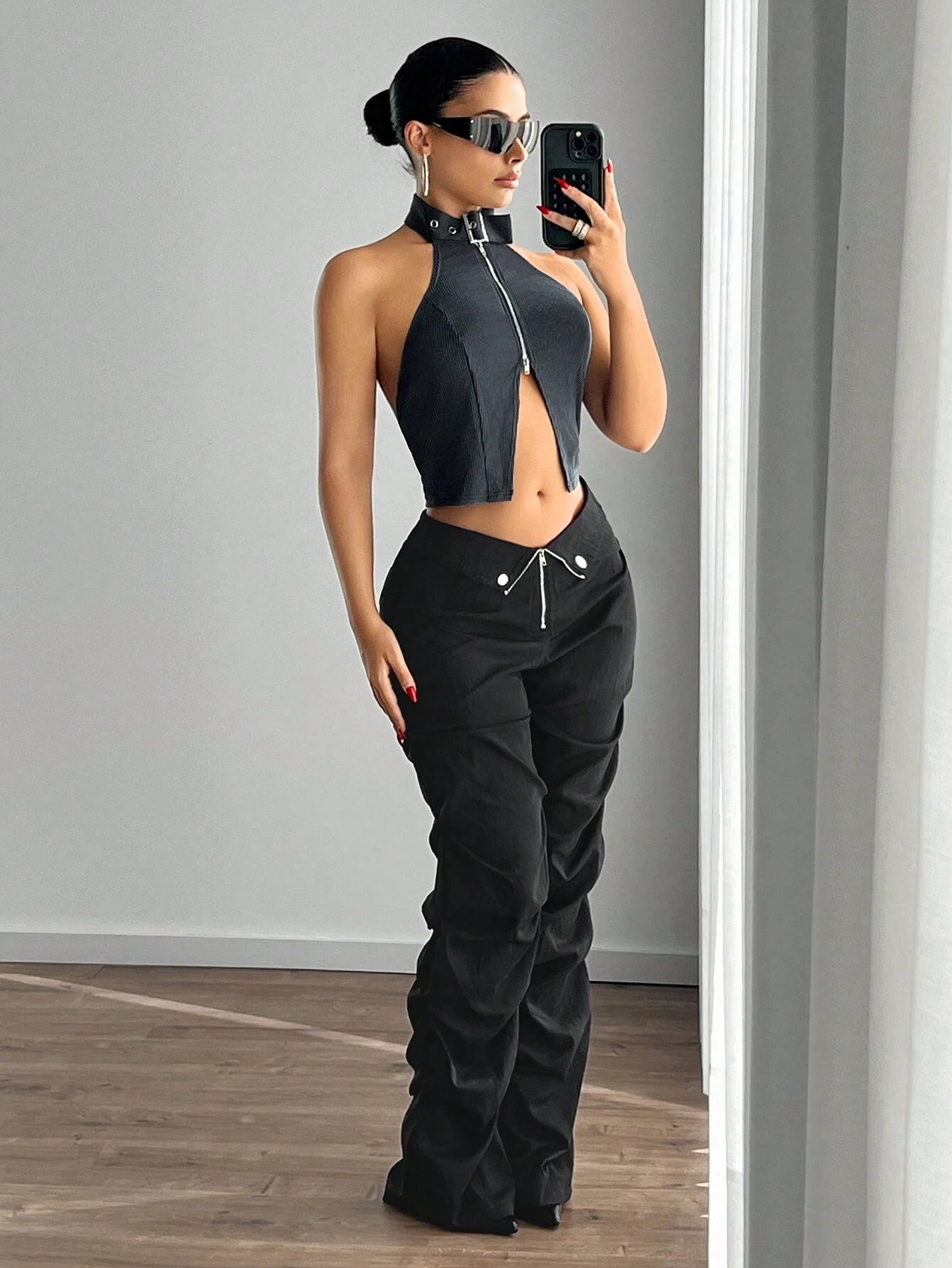 Low Rise Waist V Pleated Loose Pants