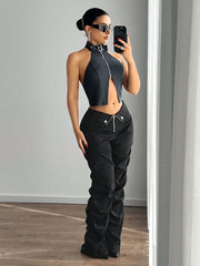 Low Rise Waist V Pleated Loose Pants