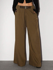 Low Waist Belt Decor Pleated Wide-Leg Pants