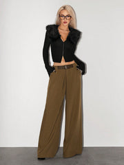 Low Waist Belt Decor Pleated Wide-Leg Pants
