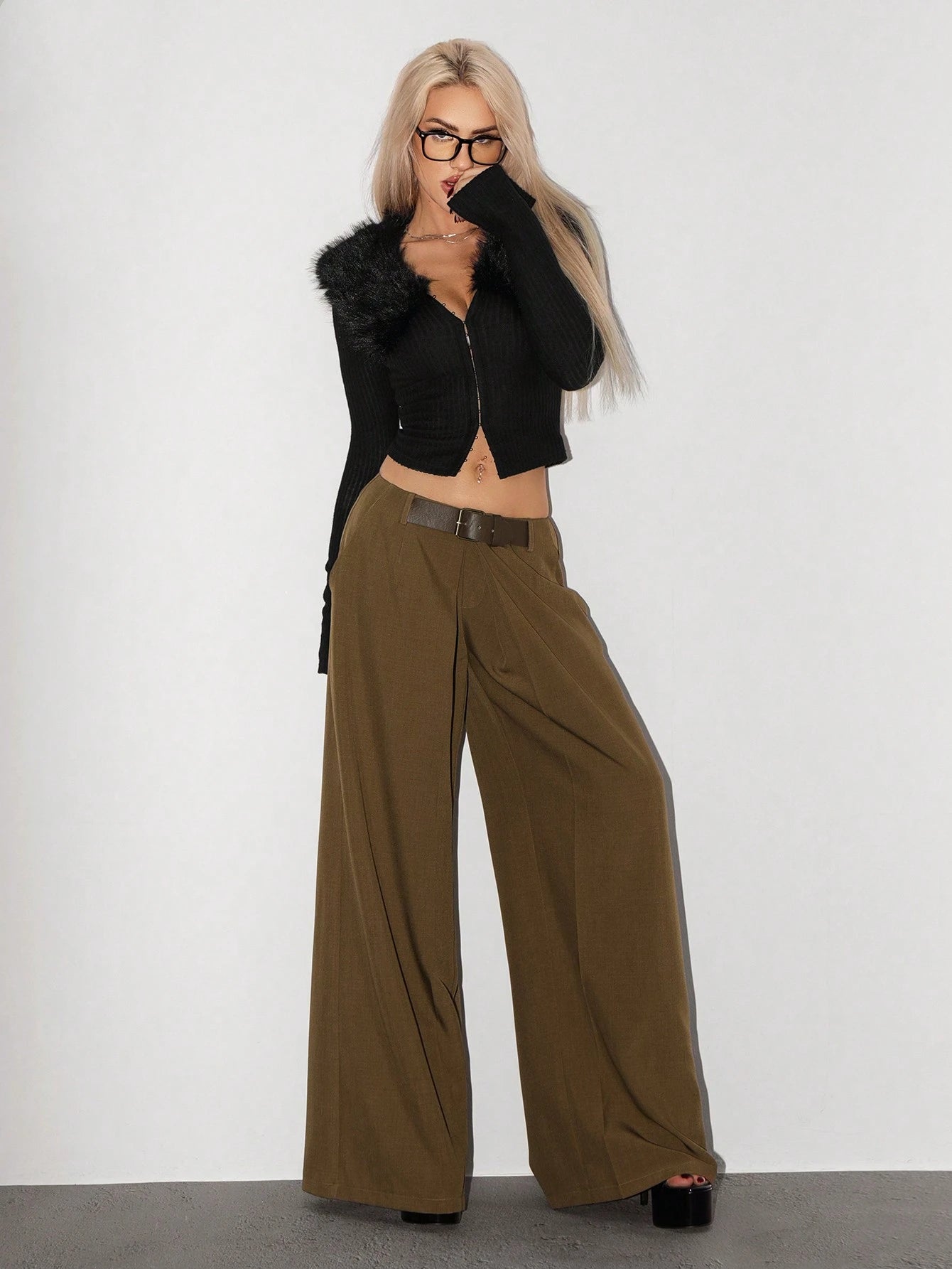 Low Waist Belt Decor Pleated Wide-Leg Pants