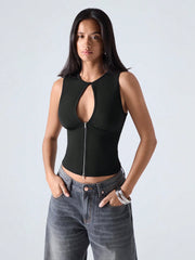 Color block Plain Cutout Zipper Front Tank Top