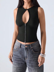 Color block Plain Cutout Zipper Front Tank Top
