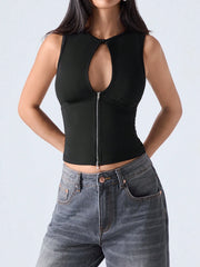 Color block Plain Cutout Zipper Front Tank Top