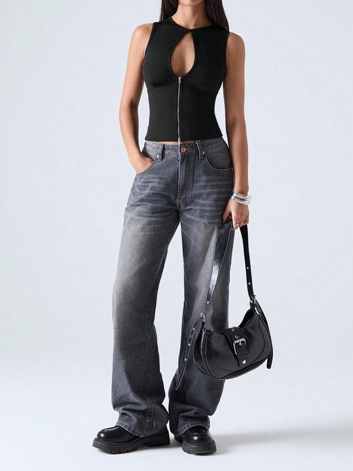 Color block Plain Cutout Zipper Front Tank Top