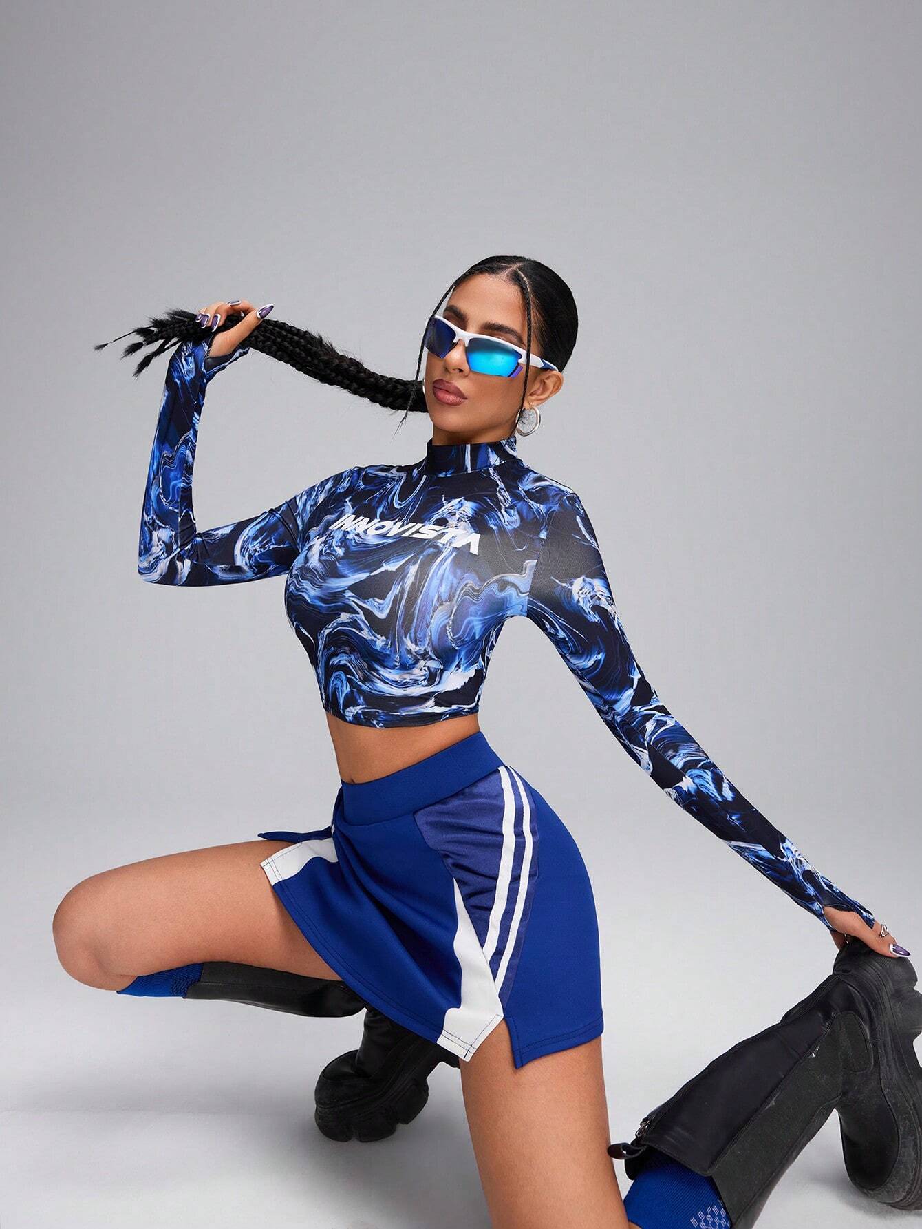 Tie Dye Stand Collar Fitted Cropped Sports T-Shirt