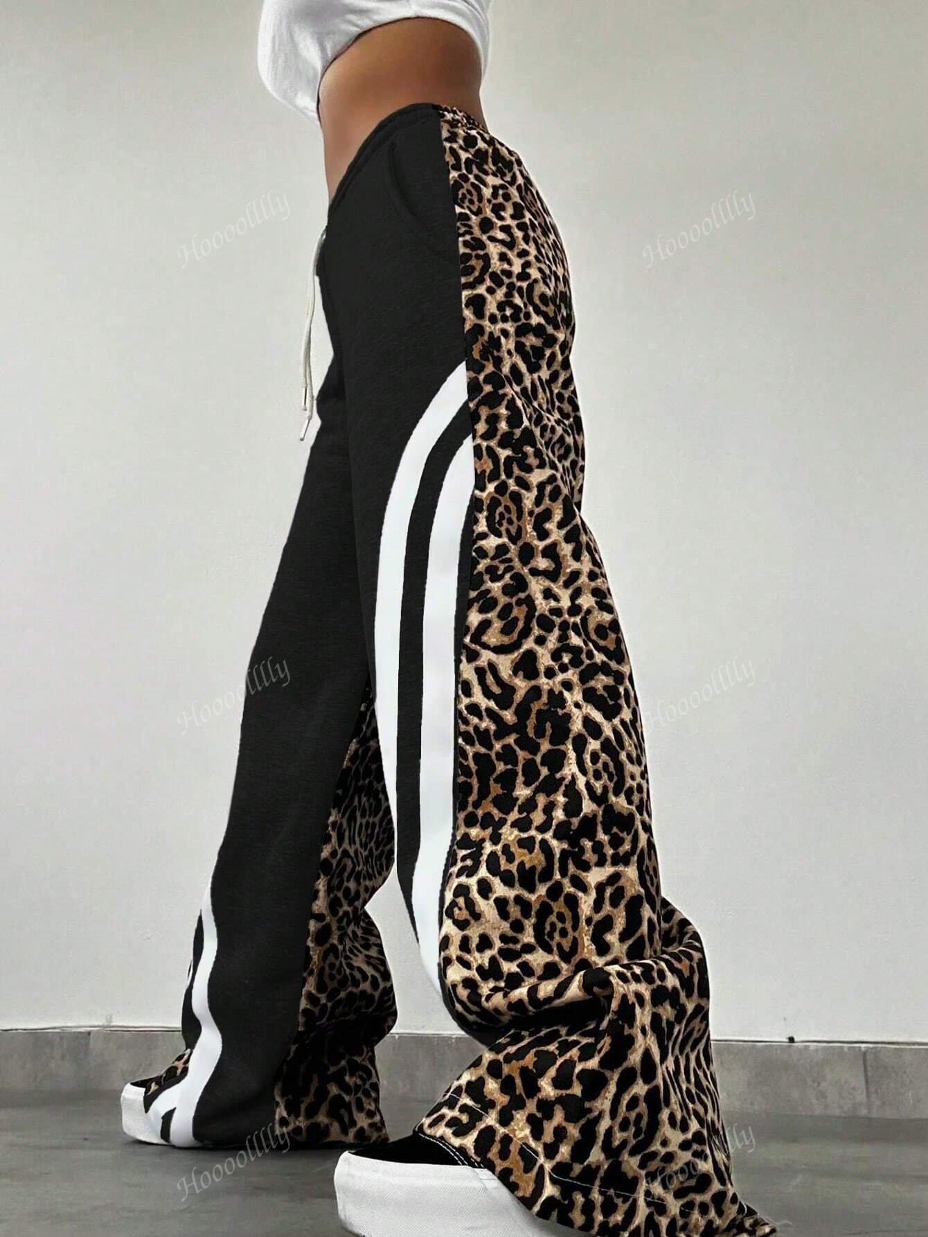 Leopard Print Stripes Loose Lace-Up Trousers