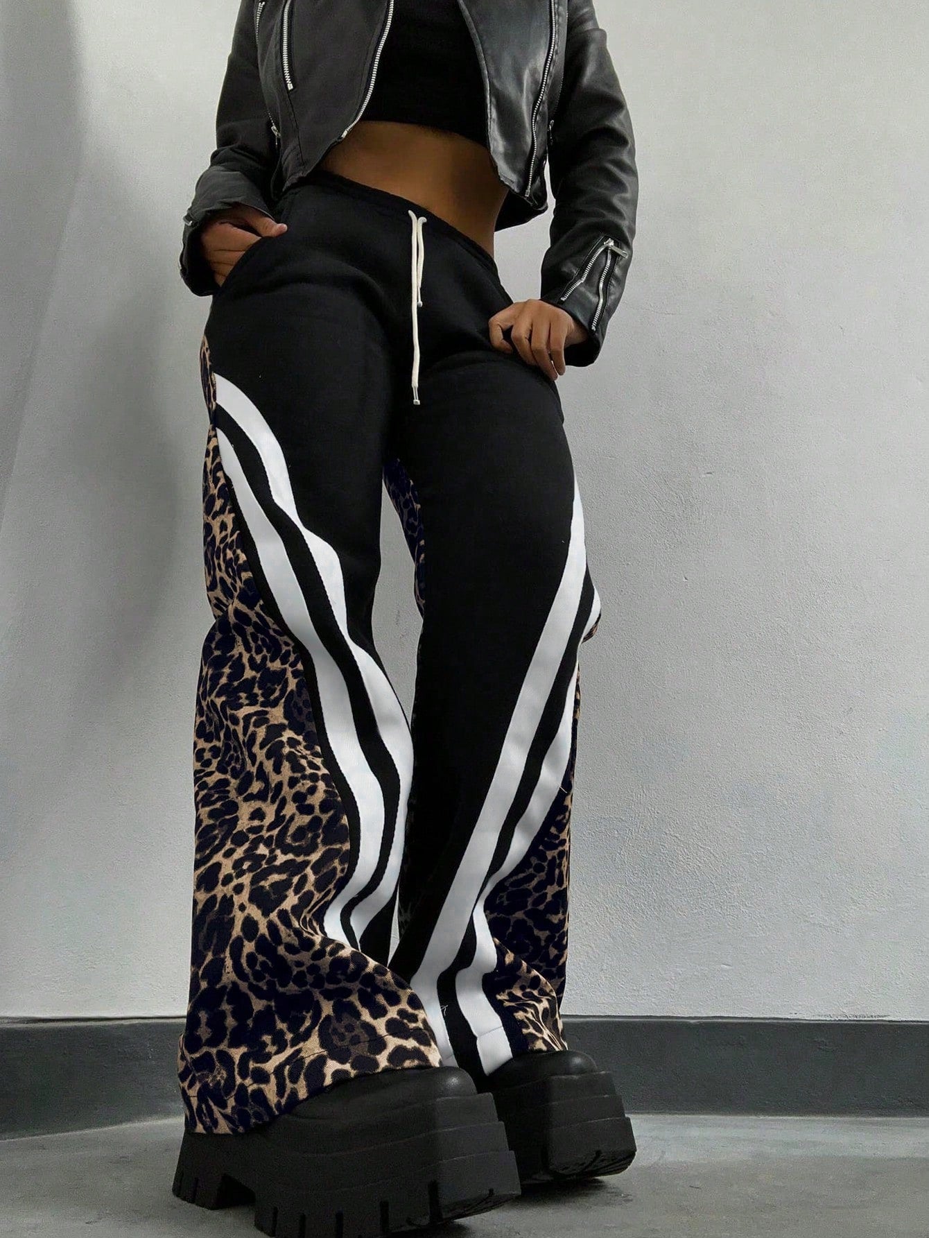 Leopard Print Stripes Loose Lace-Up Trousers