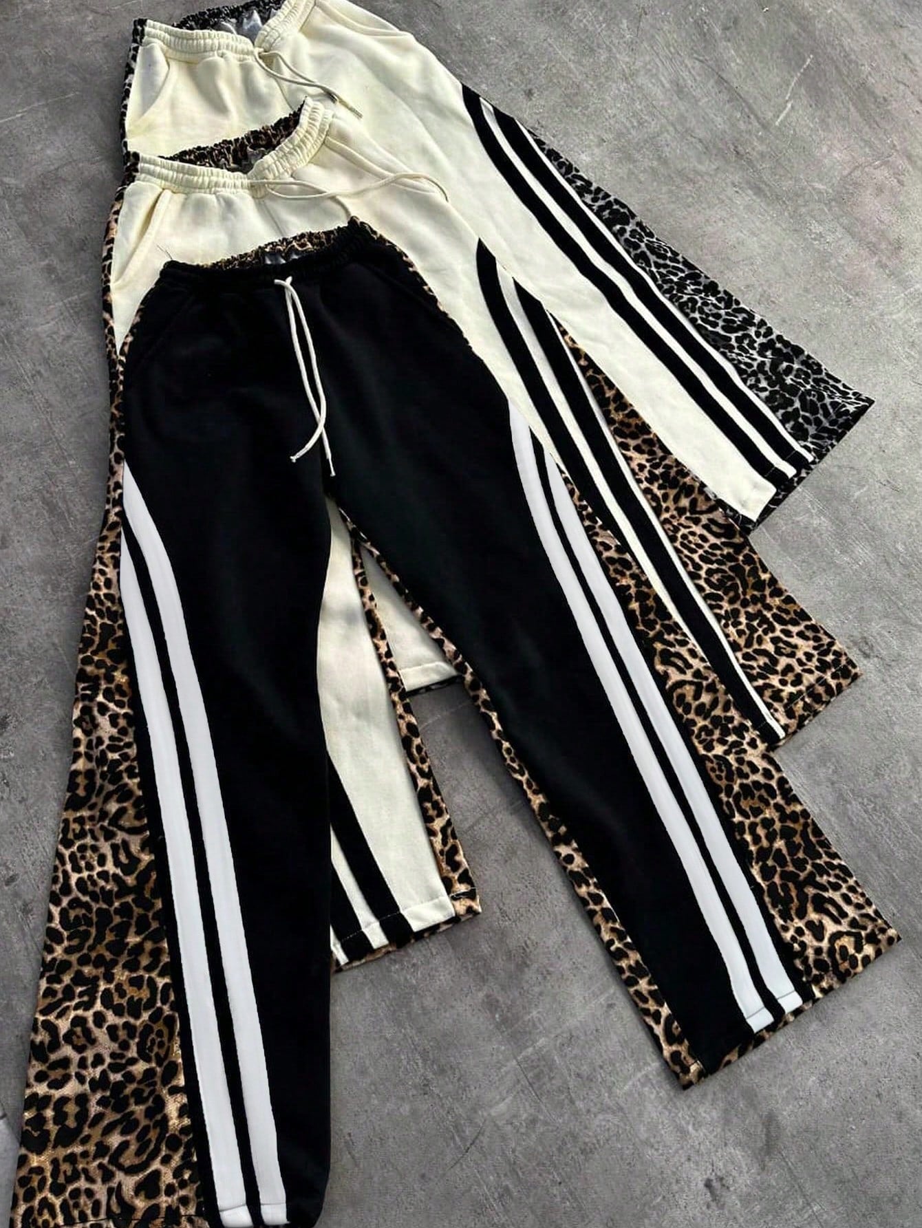 Leopard Print Stripes Loose Lace-Up Trousers