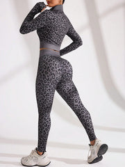Leopard Print Zip-Up Stand Collar Long Sleeve Crop Top & Leggings Set