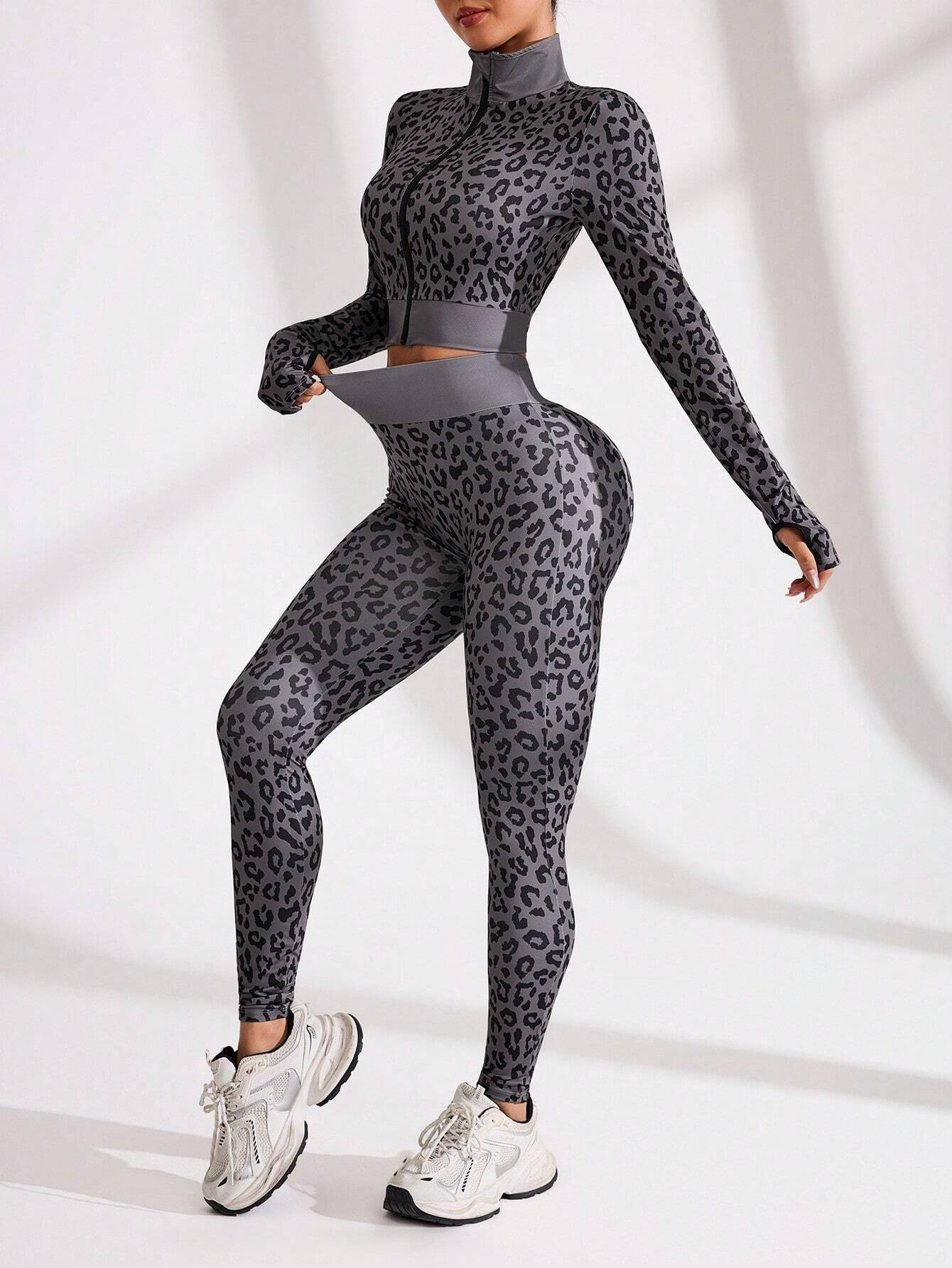 Leopard Print Zip-Up Stand Collar Long Sleeve Crop Top & Leggings Set