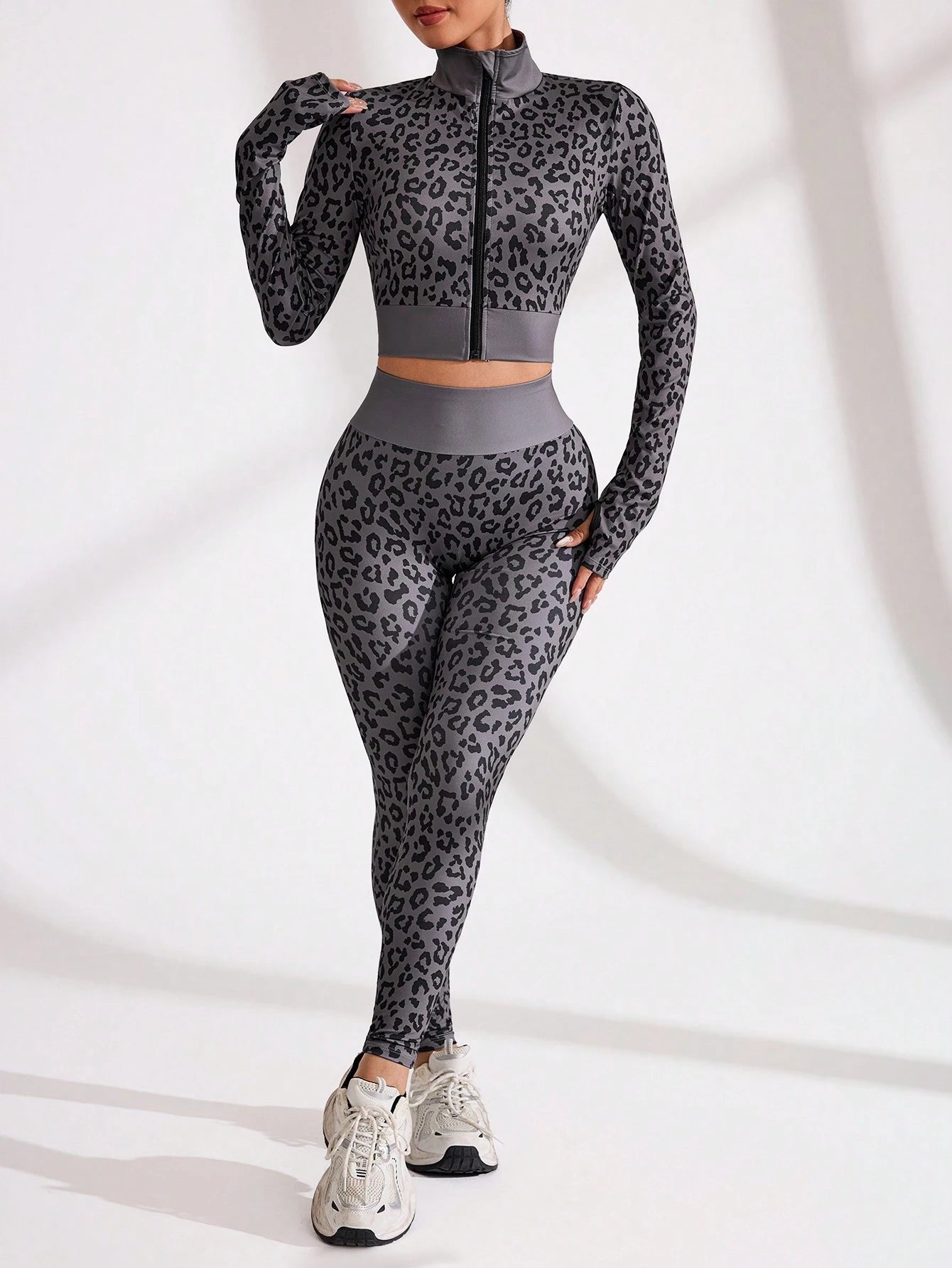 Leopard Print Zip-Up Stand Collar Long Sleeve Crop Top & Leggings Set