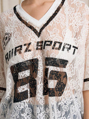 Oversized Lace Graphic Print Sporty Top