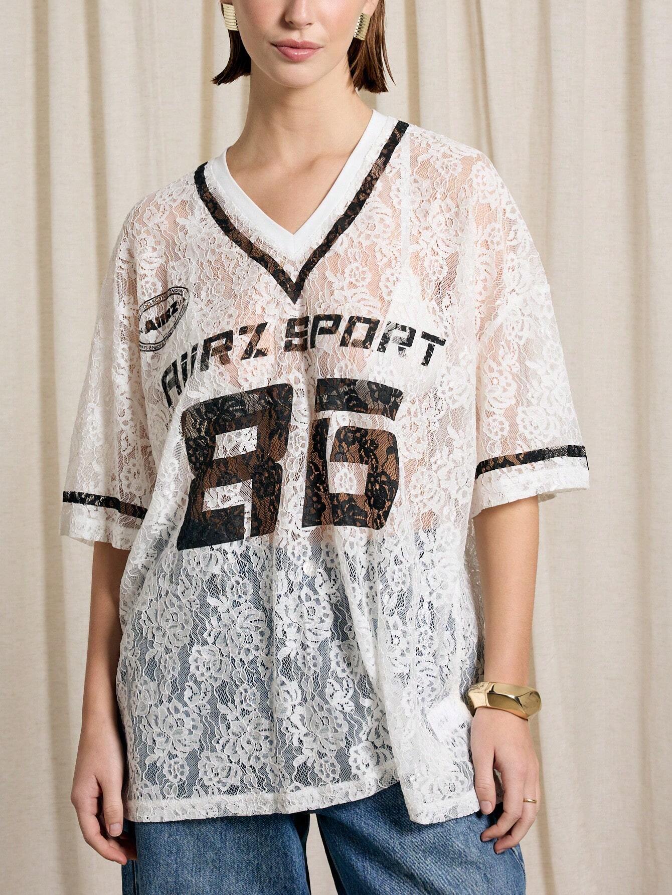 Oversized Lace Graphic Print Sporty Top