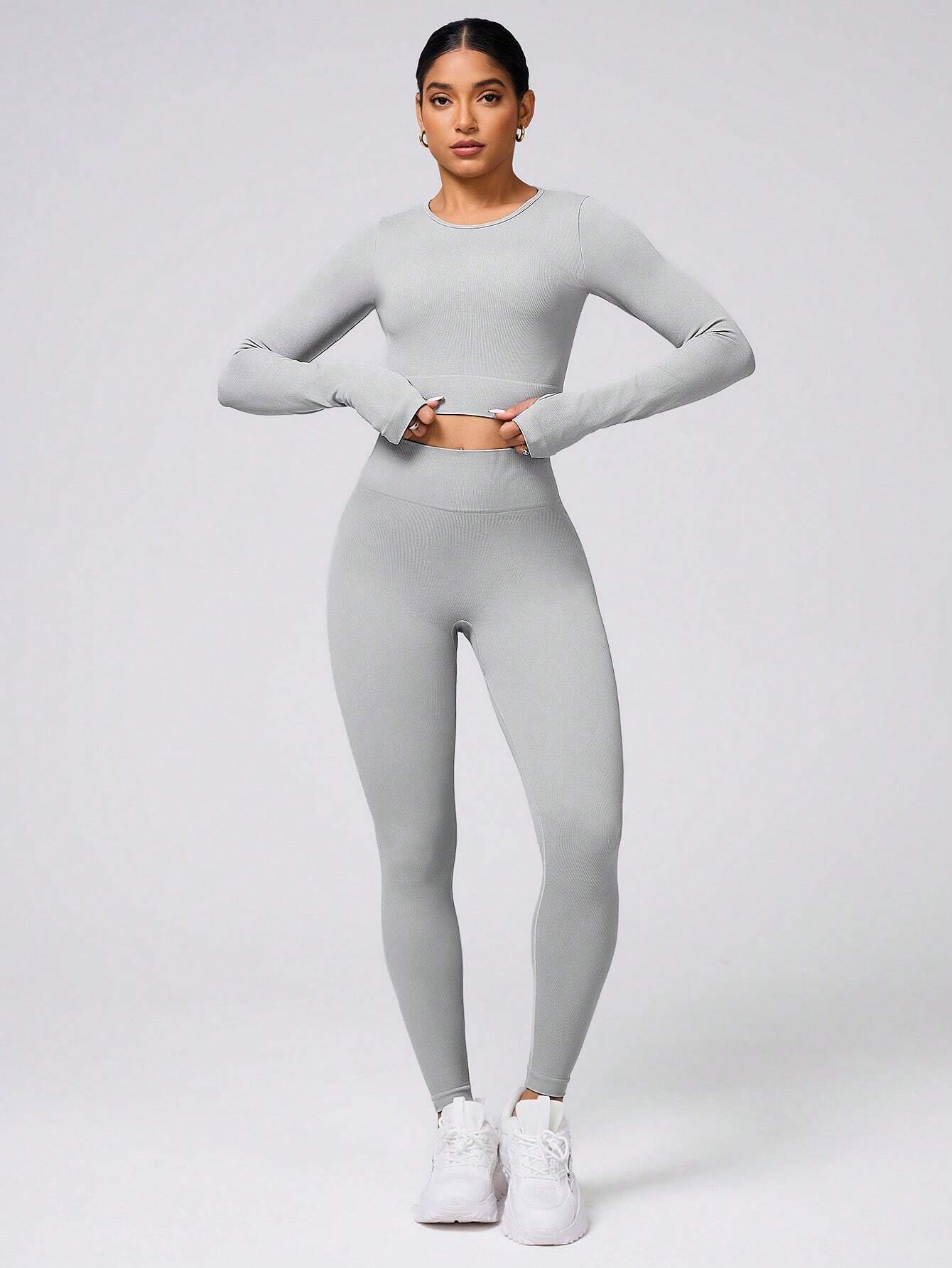 Solid Color Crew Neck Long Sleeve Simple Top And Long Pants Set