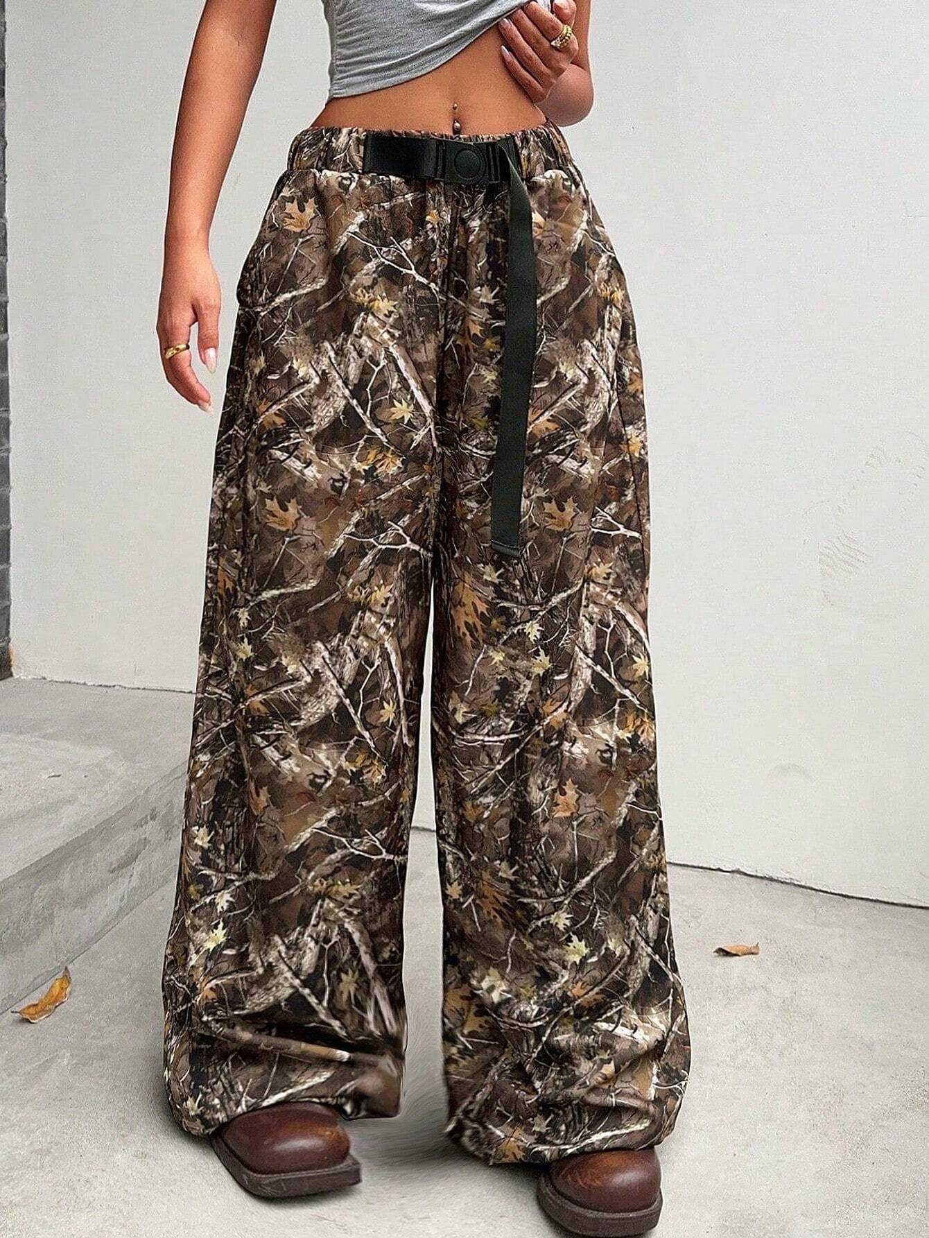 Camo Print Drawstring Waist Wide Leg Pants