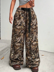 Camo Print Drawstring Waist Wide Leg Pants