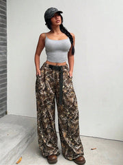 Camo Print Drawstring Waist Wide Leg Pants
