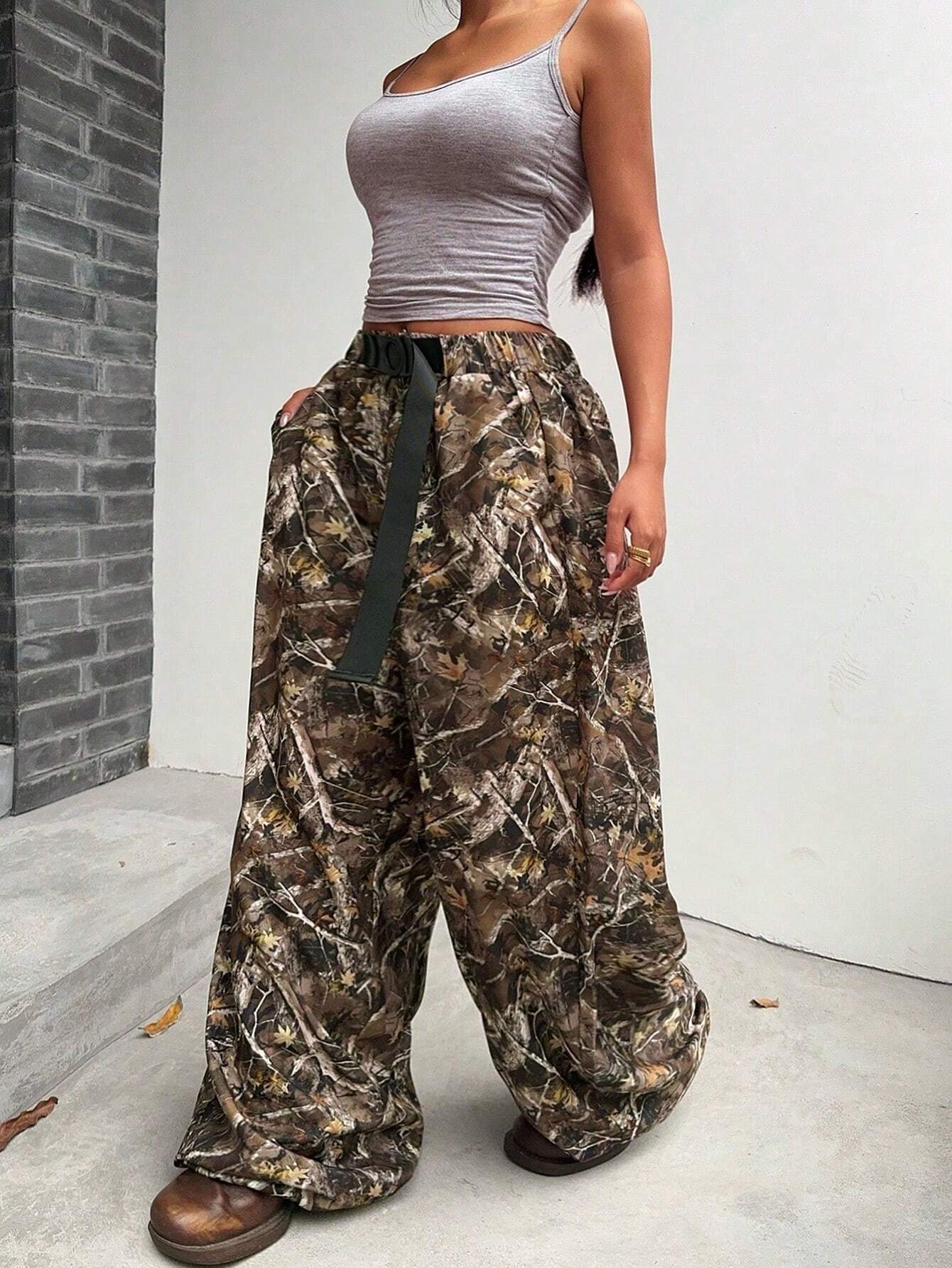 Camo Print Drawstring Waist Wide Leg Pants