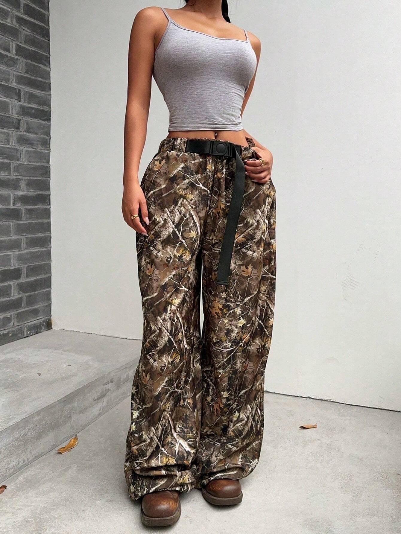 Camo Print Drawstring Waist Wide Leg Pants