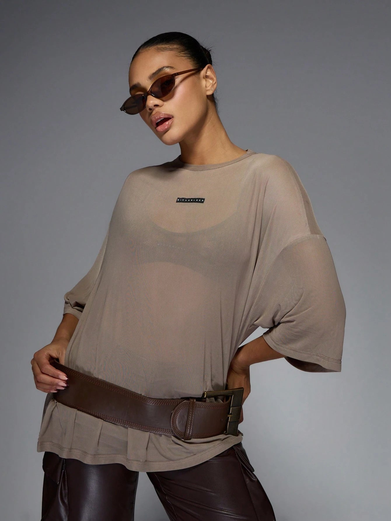 Logo Label Mesh Drop Shoulder Oversized Tee