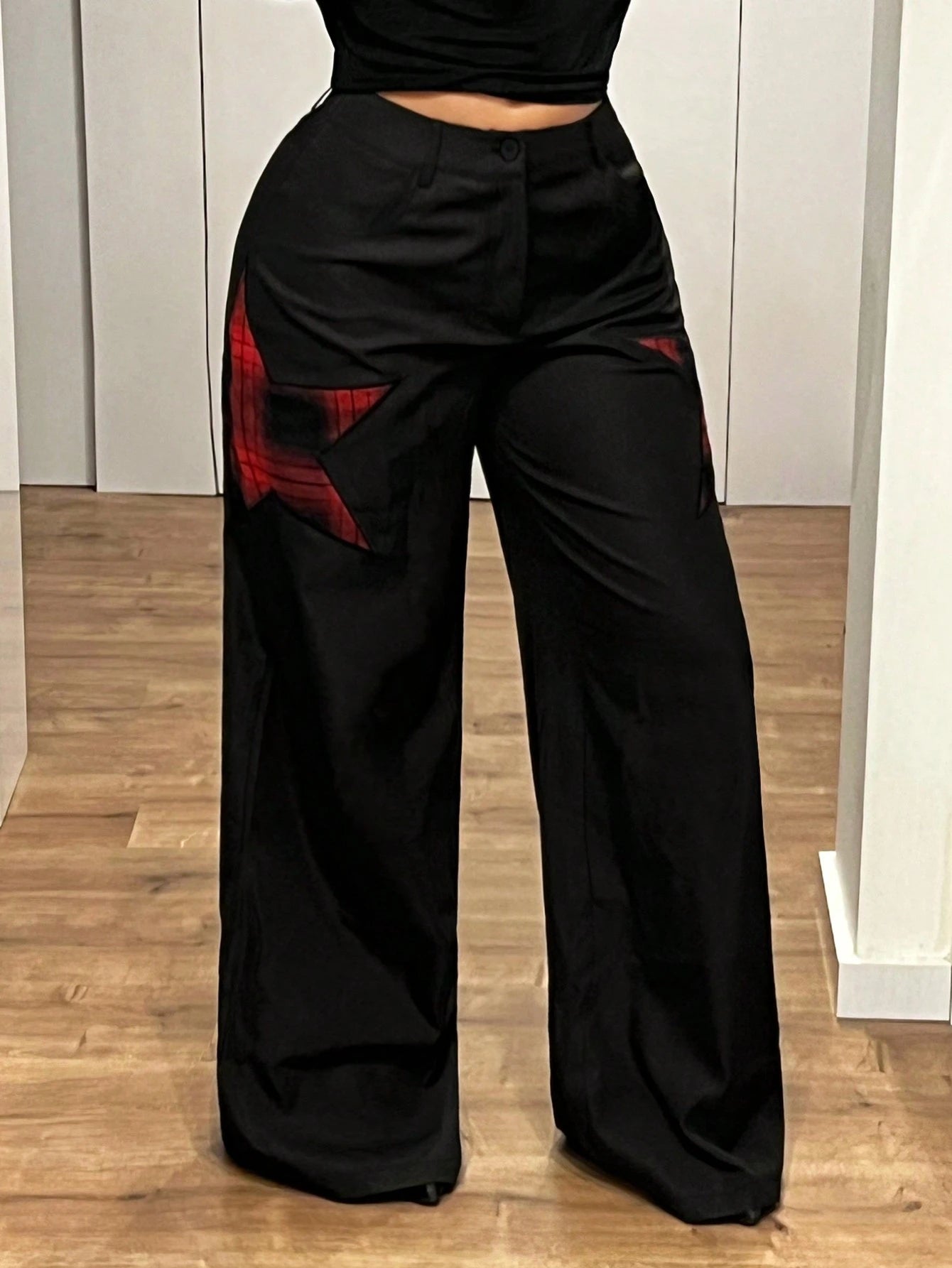 Loose Fit Red Black Star Applique Pants