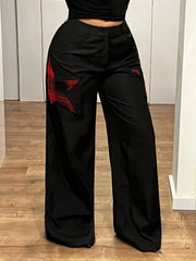 Loose Fit Red Black Star Applique Pants