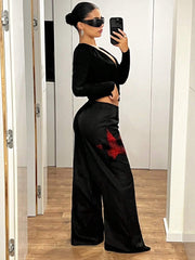 Loose Fit Red Black Star Applique Pants
