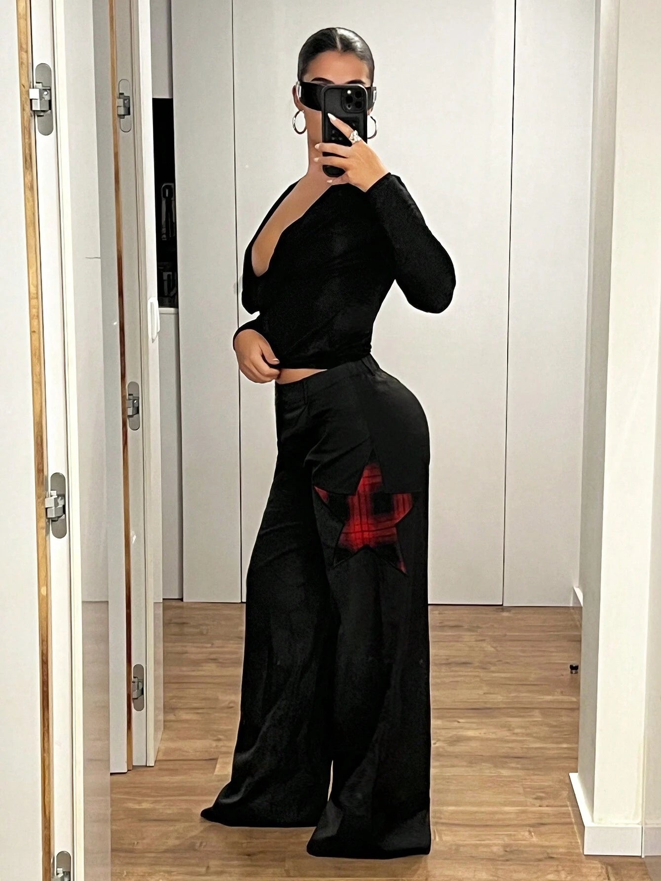 Loose Fit Red Black Star Applique Pants