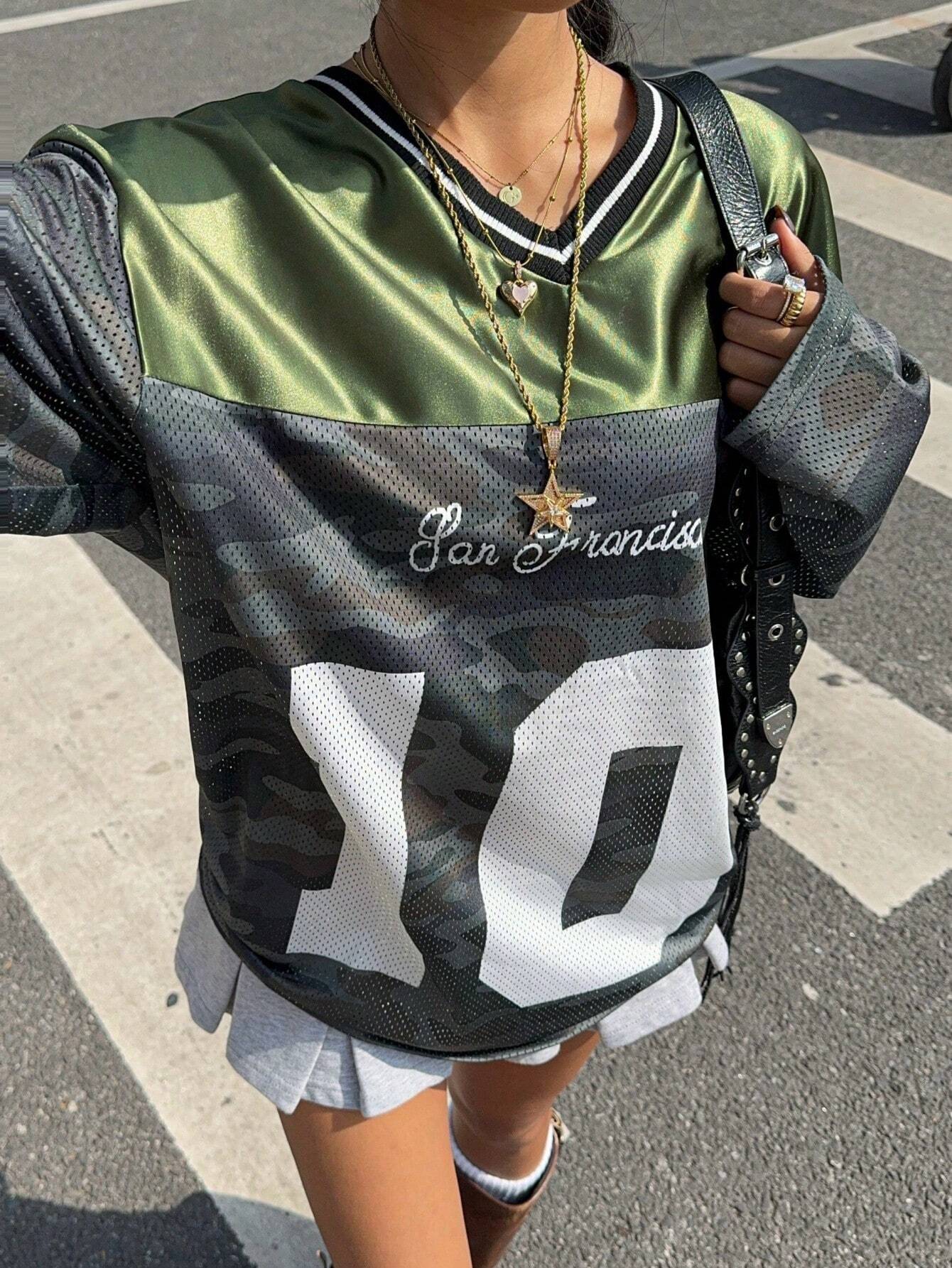 Letter & Camouflage Print V-Neck Long Sleeve Casual T-Shirt