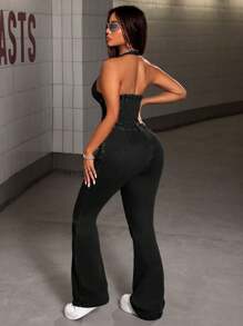 Hollow Out Side Tie Waist Flare Leg Denim Jumpsuit