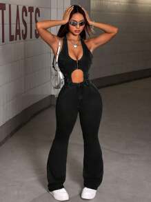 Hollow Out Side Tie Waist Flare Leg Denim Jumpsuit