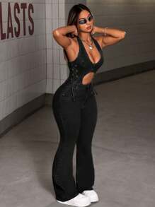 Hollow Out Side Tie Waist Flare Leg Denim Jumpsuit