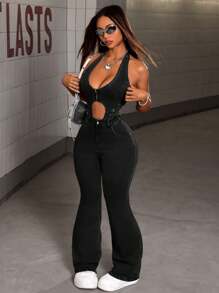 Hollow Out Side Tie Waist Flare Leg Denim Jumpsuit