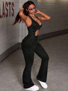 Hollow Out Side Tie Waist Flare Leg Denim Jumpsuit