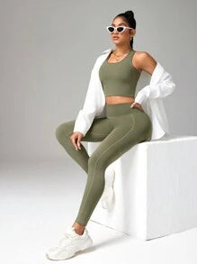 Solid Color Camisole And Leggings Seamless Activewear Set