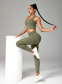 Solid Color Camisole And Leggings Seamless Activewear Set