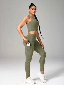 Solid Color Camisole And Leggings Seamless Activewear Set
