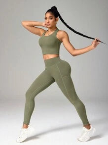 Solid Color Camisole And Leggings Seamless Activewear Set
