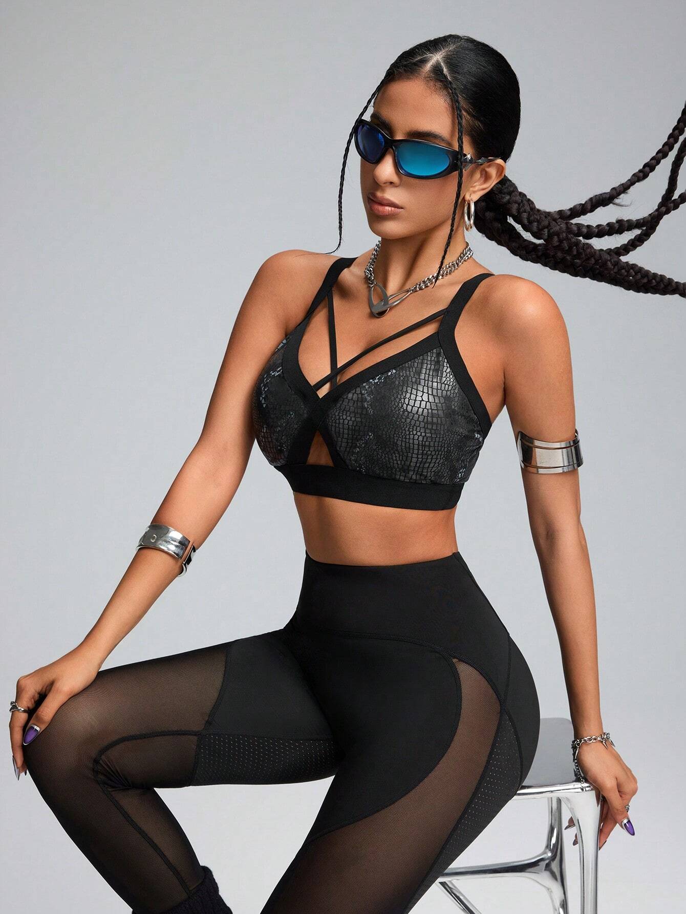Faux Leather & Metallic Shine Padded Sports Bra
