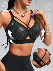 Faux Leather & Metallic Shine Padded Sports Bra