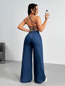 Open Back Spaghetti Strap Denim Jumpsuit