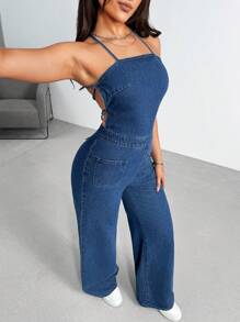 Open Back Spaghetti Strap Denim Jumpsuit
