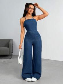 Open Back Spaghetti Strap Denim Jumpsuit