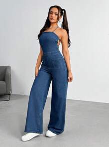 Open Back Spaghetti Strap Denim Jumpsuit