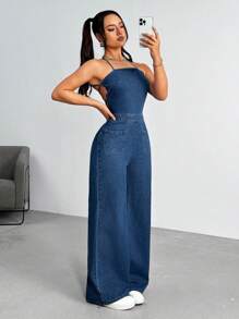 Open Back Spaghetti Strap Denim Jumpsuit