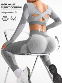 Contrast Color Splice Cropped Top And Leggings Sports Set