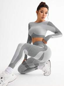 Contrast Color Splice Cropped Top And Leggings Sports Set